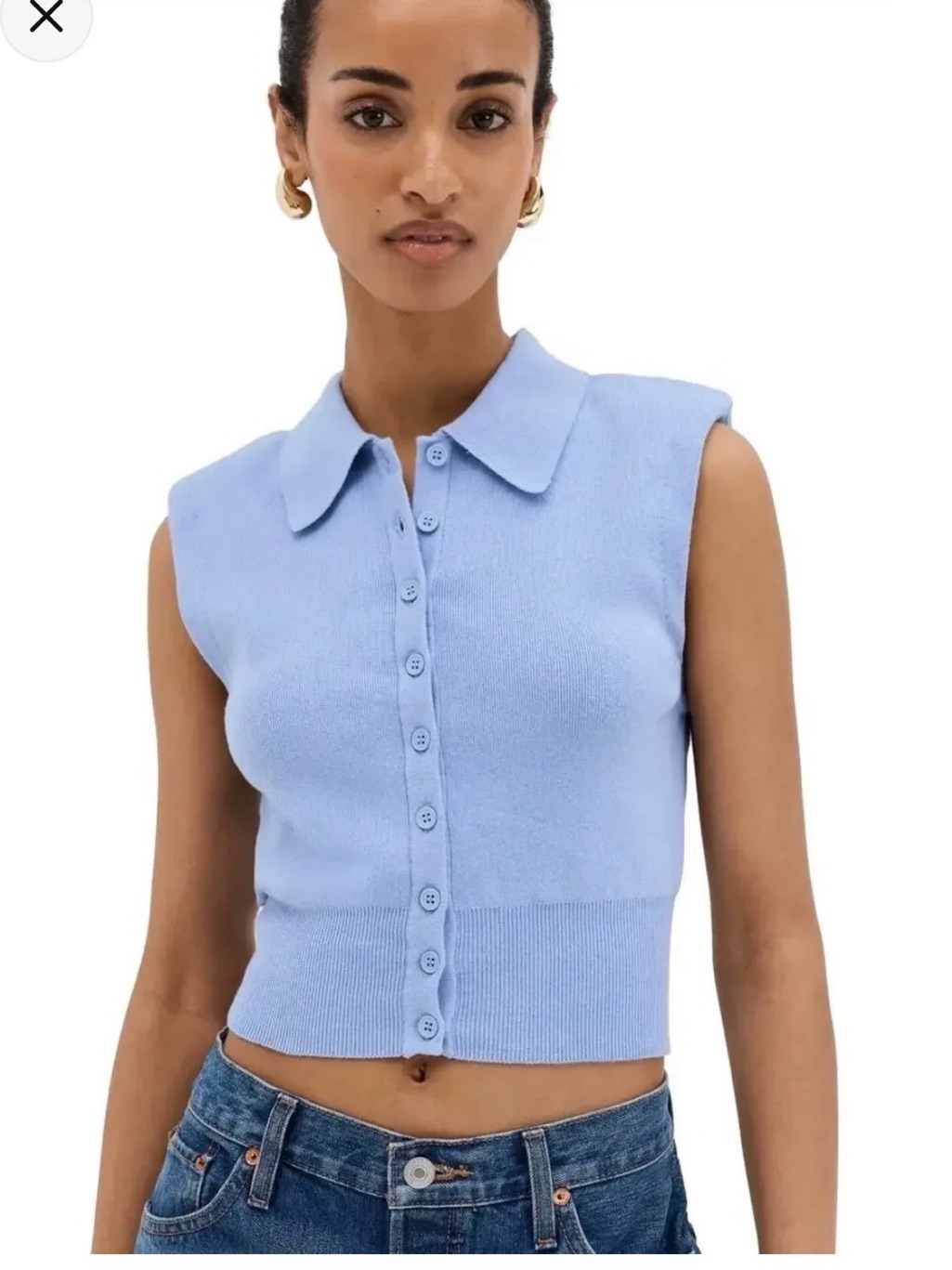 Staud Nola Light Blue Sleeveless Collared Button-Front Crop Top